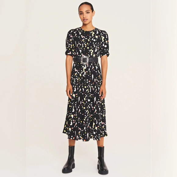 ba&sh Dresses & Skirts - Ba&sh Tonya Gathered Printed Satin Jacquard Midi Dress in Black Spotted Size 2